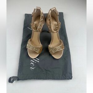 Monique Lhuillier Sz 36 Gold Embellished Wedding Sandals 4” heels NWOB